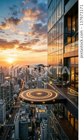 Modern Delivery Drone Landing on Retractable Balcony Port at Sunset 137673171