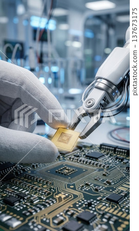 Human and Robot Arm Assembling Microchip in High Tech Cleanroom 137673175