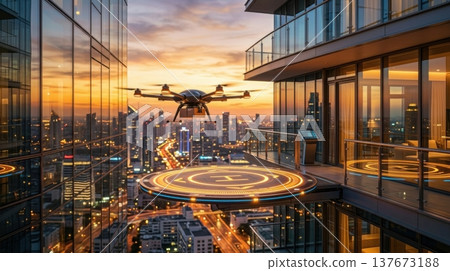 Modern Delivery Drone Landing on Retractable Balcony Port at Sunset 137673188