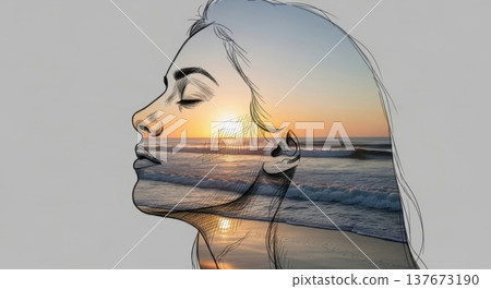 Double Exposure Peaceful Ocean Sunrise Relaxed Portrait 137673190