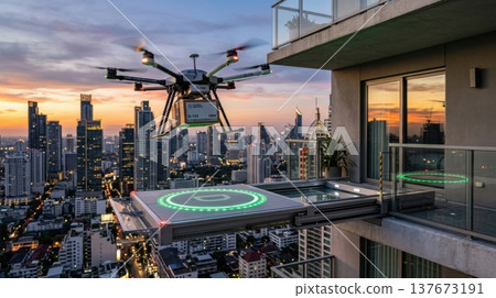 Modern Delivery Drone Landing on Retractable Balcony Port at Sunset 137673191