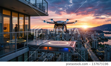 Modern Delivery Drone Landing on Retractable Balcony Port at Sunset 137673196