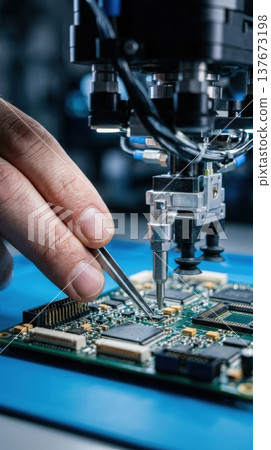 Human and Robot Arm Assembling Microchip in High Tech Cleanroom 137673198