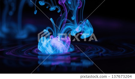 Macro Abstract Glowing Liquid Swirls in Dark Fluid 137673204