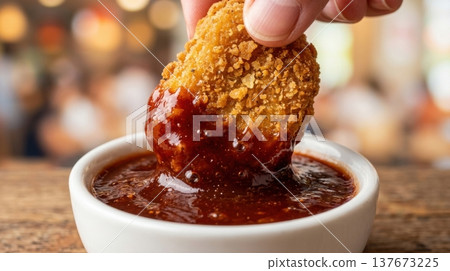 Macro Shot of Crispy Chicken Nugget Dipped into Glossy BBQ Sauce Macro Shot of Crispy Chicken Nugget Dipped into Glossy BBQ Sauce 137673225