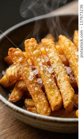 Extreme Macro of Golden French Fries with Sea Salt Crystals 137673236