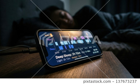 Detailed AI Hypnogram on Smartphone in Dark Night Bedroom 137673237