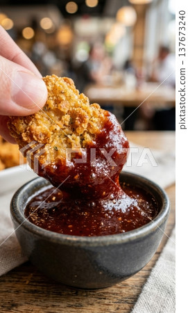Macro Shot of Crispy Chicken Nugget Dipped into Glossy BBQ Sauce Macro Shot of Crispy Chicken Nugget Dipped into Glossy BBQ Sauce 137673240