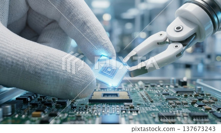 Human and Robot Arm Assembling Microchip in High Tech Cleanroom Human and Robot Arm Assembling Microchip in High Tech Cleanroom 137673243