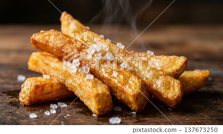 Extreme Macro of Golden French Fries with Sea Salt Crystals Extreme Macro of Golden French Fries with Sea Salt Crystals 137673250