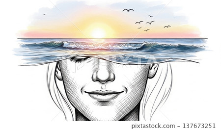 Double Exposure Peaceful Ocean Sunrise Relaxed Portrait 137673251