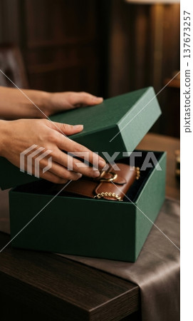 Close Up of Hands Lifting Lid of Premium Forest Green Box 137673257