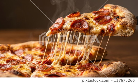 Macro Detail of Stretchy Mozzarella Cheese Pull on Pizza Slice Macro Detail of Stretchy Mozzarella Cheese Pull on Pizza Slice 137673266