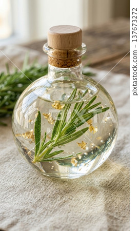 Organic Hair Serum with Suspended Rosemary and Gold Flakes Macro 137673272