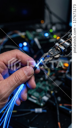 Robotic Arm and Human Hand Splicing Fiber Optic Cables 137673273