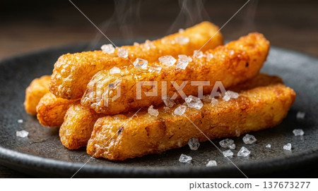 Extreme Macro of Golden French Fries with Sea Salt Crystals Extreme Macro of Golden French Fries with Sea Salt Crystals 137673277