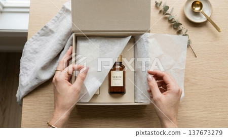 Hands Lifting Delicate Tissue Paper in Luxury Box Reveal Hands Lifting Delicate Tissue Paper in Luxury Box Reveal 137673279