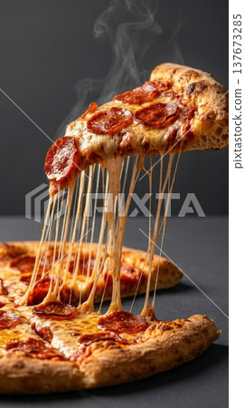 Macro Detail of Stretchy Mozzarella Cheese Pull on Pizza Slice 137673285
