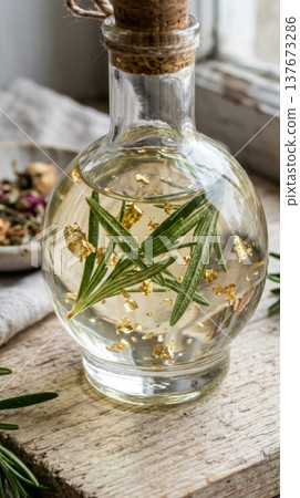 Organic Hair Serum with Suspended Rosemary and Gold Flakes Macro Organic Hair Serum with Suspended Rosemary and Gold Flakes Macro 137673286