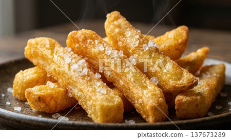 Extreme Macro of Golden French Fries with Sea Salt Crystals Extreme Macro of Golden French Fries with Sea Salt Crystals 137673289