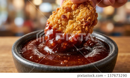 Macro Shot of Crispy Chicken Nugget Dipped into Glossy BBQ Sauce Macro Shot of Crispy Chicken Nugget Dipped into Glossy BBQ Sauce 137673290