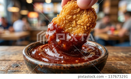 Macro Shot of Crispy Chicken Nugget Dipped into Glossy BBQ Sauce 137673291