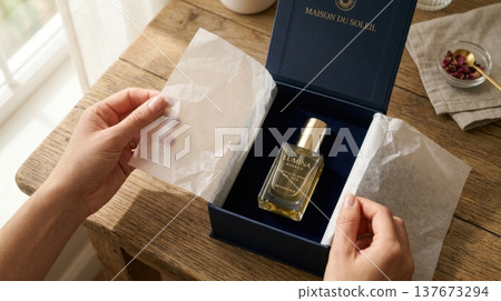 Hands Lifting Delicate Tissue Paper in Luxury Box Reveal Hands Lifting Delicate Tissue Paper in Luxury Box Reveal 137673294