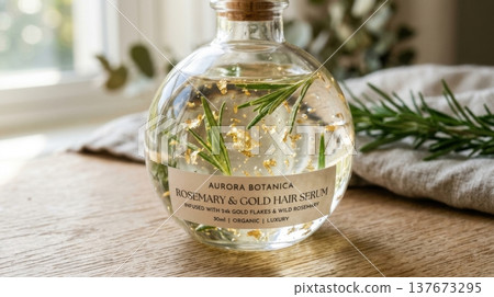 Organic Hair Serum with Suspended Rosemary and Gold Flakes Macro 137673295