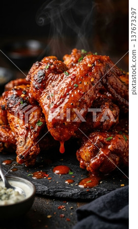 Macro of Spicy Glazed Chicken Wings with Steam and Gloss Macro of Spicy Glazed Chicken Wings with Steam and Gloss 137673297