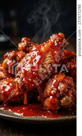 Macro of Spicy Glazed Chicken Wings with Steam and Gloss 137673298