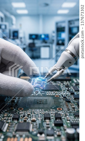 Human and Robot Arm Assembling Microchip in High Tech Cleanroom 137673302