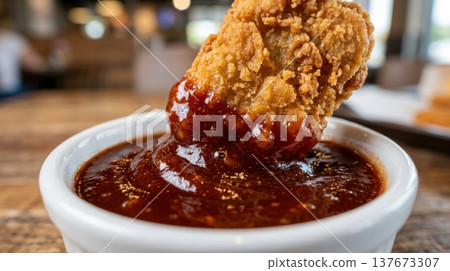 Macro Shot of Crispy Chicken Nugget Dipped into Glossy BBQ Sauce 137673307
