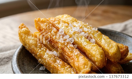 Extreme Macro of Golden French Fries with Sea Salt Crystals Extreme Macro of Golden French Fries with Sea Salt Crystals 137673312