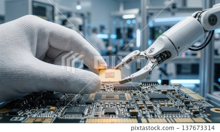Human and Robot Arm Assembling Microchip in High Tech Cleanroom Human and Robot Arm Assembling Microchip in High Tech Cleanroom 137673314
