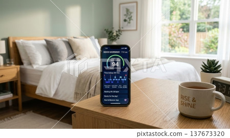 AI Sleep Quality Analysis App in Bright Morning Sun Light 137673320