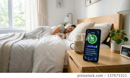 AI Sleep Quality Analysis App in Bright Morning Sun Light 137673321