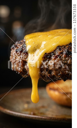 Extreme Macro of Melted Cheddar Cheese Dripping Down Burger Patty Extreme Macro of Melted Cheddar Cheese Dripping Down Burger Patty 137673338