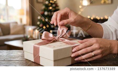 Manicured Hands Untying Silk Ribbon on Premium Gift Box 137673389