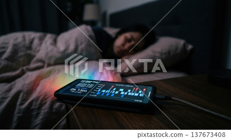 Detailed AI Hypnogram on Smartphone in Dark Night Bedroom 137673408