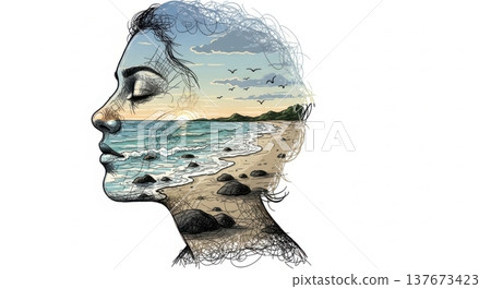 Double Exposure Peaceful Ocean Sunrise Relaxed Portrait Double Exposure Peaceful Ocean Sunrise Relaxed Portrait 137673423