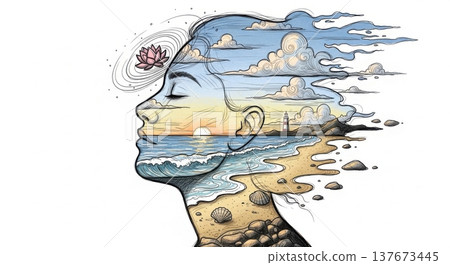 Double Exposure Peaceful Ocean Sunrise Relaxed Portrait Double Exposure Peaceful Ocean Sunrise Relaxed Portrait 137673445