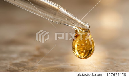 Golden Argan Hair Oil Drop from Glass Pipette Macro Shot Golden Argan Hair Oil Drop from Glass Pipette Macro Shot 137673458