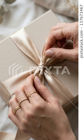 Manicured Hands Untying Silk Ribbon on Premium Gift Box 137673467