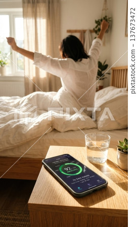 AI Sleep Quality Analysis App in Bright Morning Sun Light AI Sleep Quality Analysis App in Bright Morning Sun Light 137673472