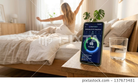 AI Sleep Quality Analysis App in Bright Morning Sun Light 137673481