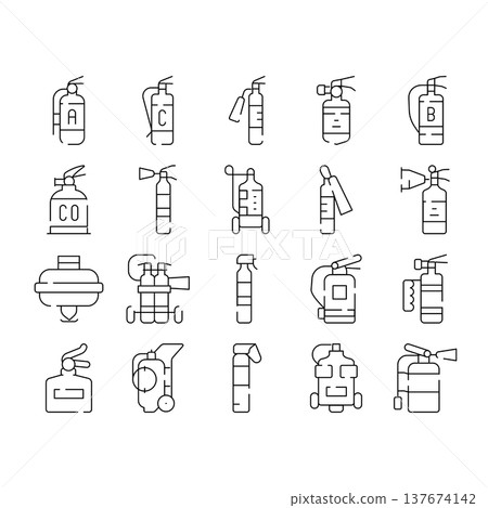 Fire extinguisher icon set preventing emergency safety Fire extinguisher icon set preventing emergency safety 137674142