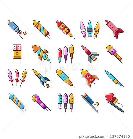 Colorful fireworks rockets icons celebrating festive moments Colorful fireworks rockets icons celebrating festive moments 137674150