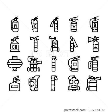 Fire extinguisher safety equipment line glyph icons collection Fire extinguisher safety equipment line glyph icons collection 137674169