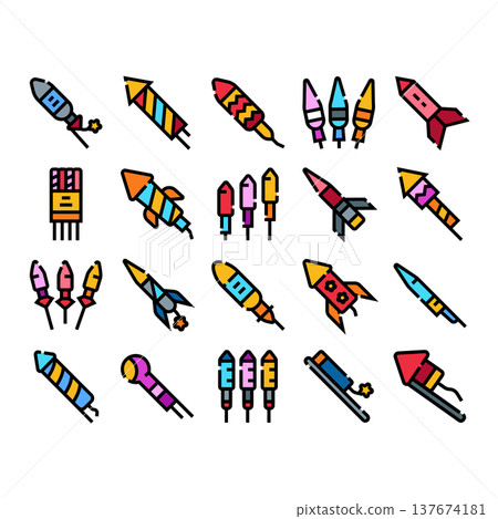 Set of colorful fireworks and firecracker icons Set of colorful fireworks and firecracker icons 137674181