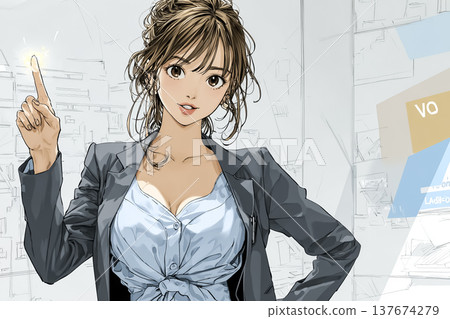 A young career woman explaining an idea. Illustration material depicting a working woman. A young career woman explaining an idea. Illustration material depicting a working woman. 137674279